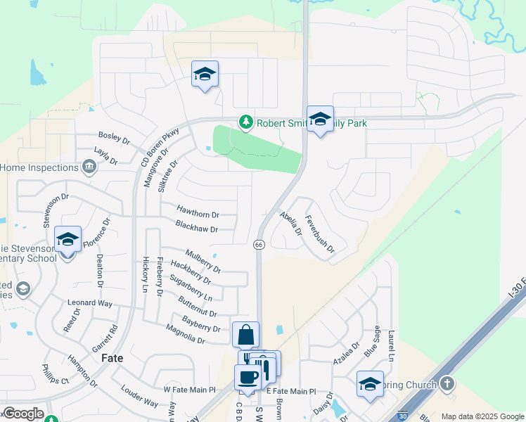 map of restaurants, bars, coffee shops, grocery stores, and more near 1001 North William E Crawford Avenue in Rockwall