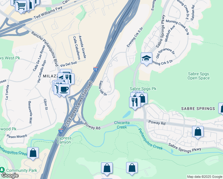 map of restaurants, bars, coffee shops, grocery stores, and more near 10651 Sabre Hill Drive in San Diego