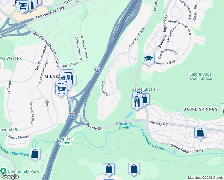 map of restaurants, bars, coffee shops, grocery stores, and more near 10651 Sabre Hill Drive in San Diego
