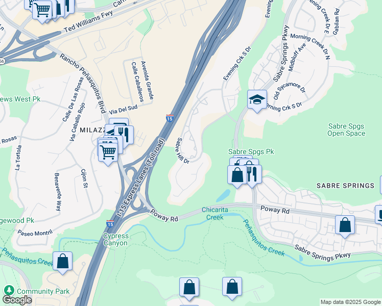 map of restaurants, bars, coffee shops, grocery stores, and more near 10651 Sabre Hill Drive in San Diego