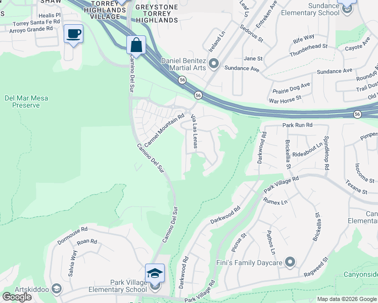 map of restaurants, bars, coffee shops, grocery stores, and more near 12588 Senda Panacea in San Diego