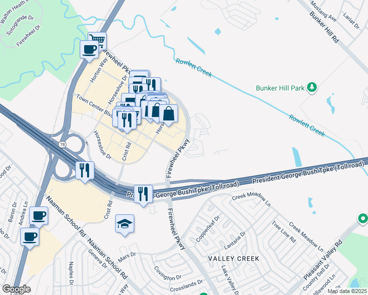 map of restaurants, bars, coffee shops, grocery stores, and more near Firewheel Parkway in Garland
