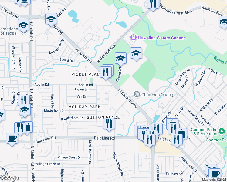map of restaurants, bars, coffee shops, grocery stores, and more near Steamboat Springs Drive in Garland