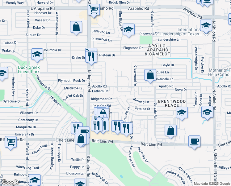 map of restaurants, bars, coffee shops, grocery stores, and more near 3314 Latham Drive in Garland