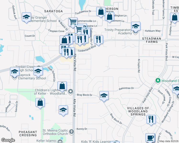 map of restaurants, bars, coffee shops, grocery stores, and more near 12316 Angelfood Lane in Keller