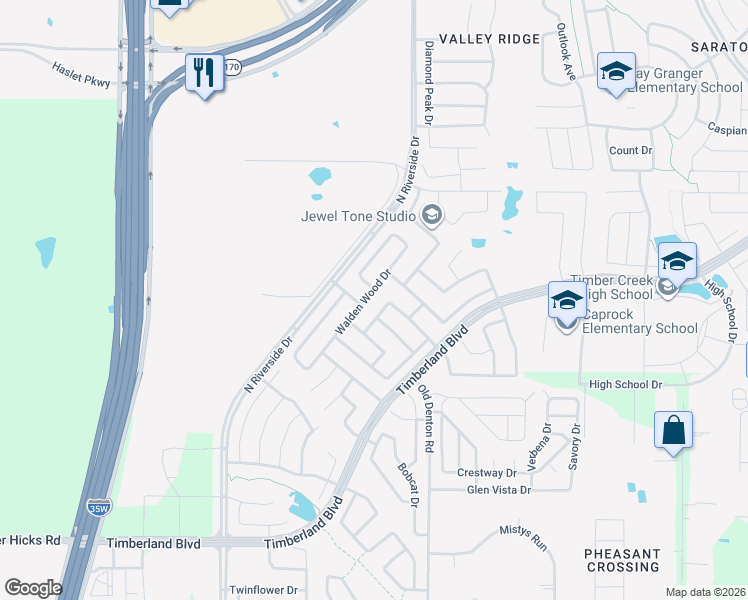 map of restaurants, bars, coffee shops, grocery stores, and more near 12160 Walden Wood Drive in Fort Worth