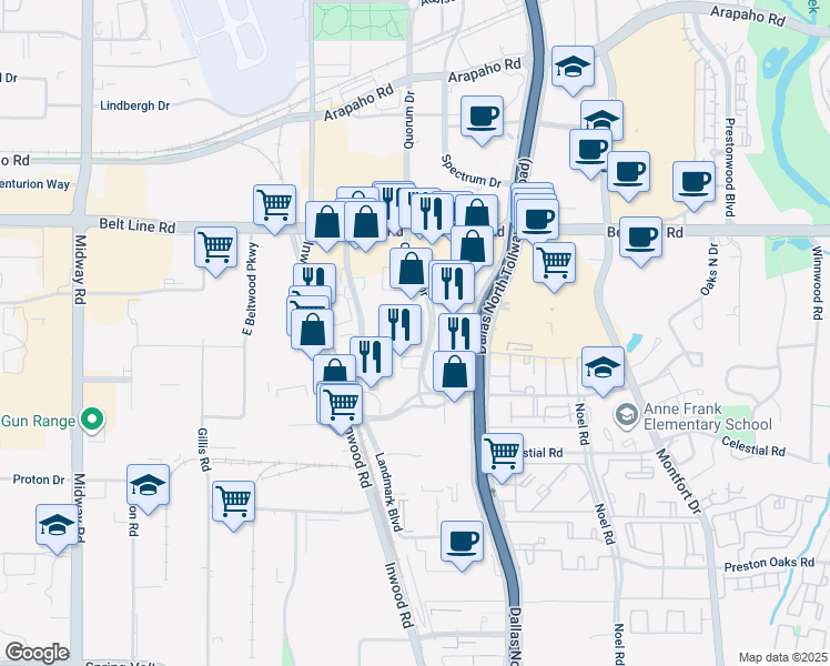 map of restaurants, bars, coffee shops, grocery stores, and more near 14900 Landmark Boulevard in Dallas