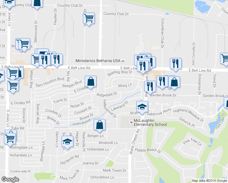 map of restaurants, bars, coffee shops, grocery stores, and more near 2311 Ridgedale Drive in Carrollton