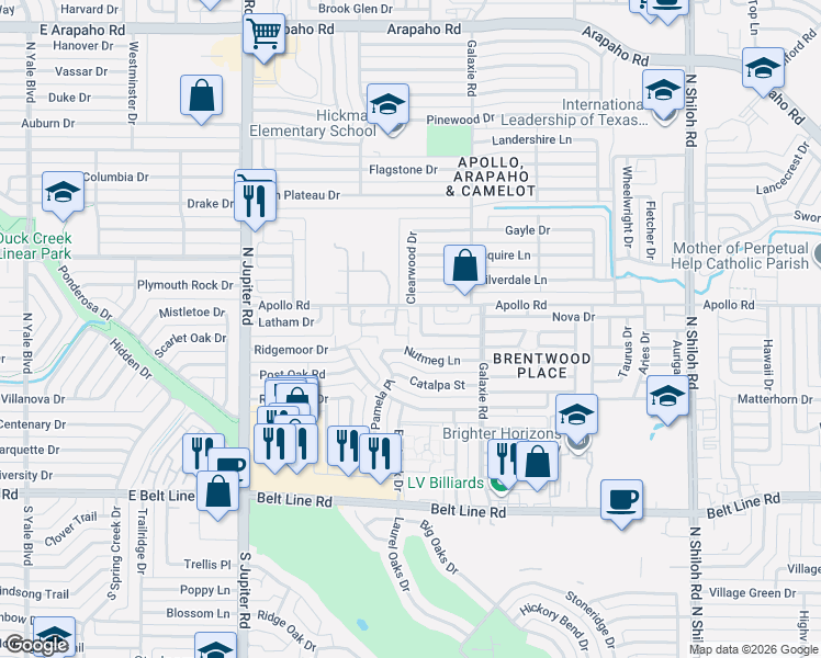 map of restaurants, bars, coffee shops, grocery stores, and more near 3622 Holly Tree Trail in Garland