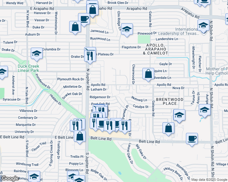 map of restaurants, bars, coffee shops, grocery stores, and more near 3314 Latham Drive in Garland