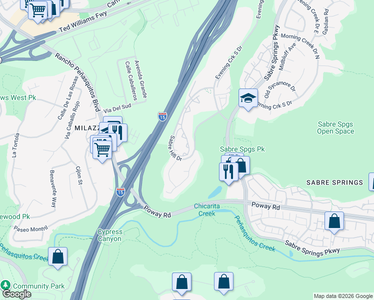map of restaurants, bars, coffee shops, grocery stores, and more near 10651 Sabre Hill Drive in San Diego