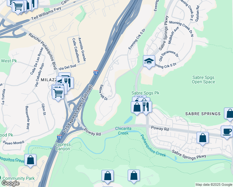 map of restaurants, bars, coffee shops, grocery stores, and more near 10651 Sabre Hill Drive in San Diego