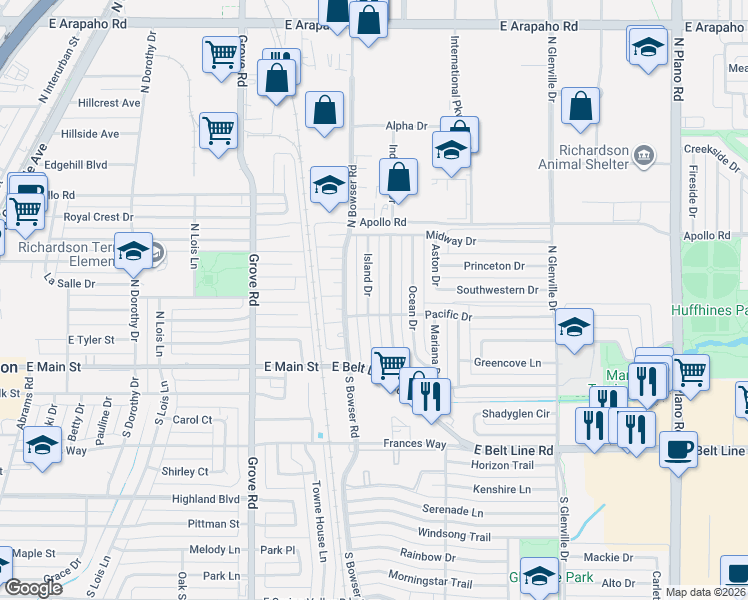 map of restaurants, bars, coffee shops, grocery stores, and more near 203 Wake Drive in Richardson