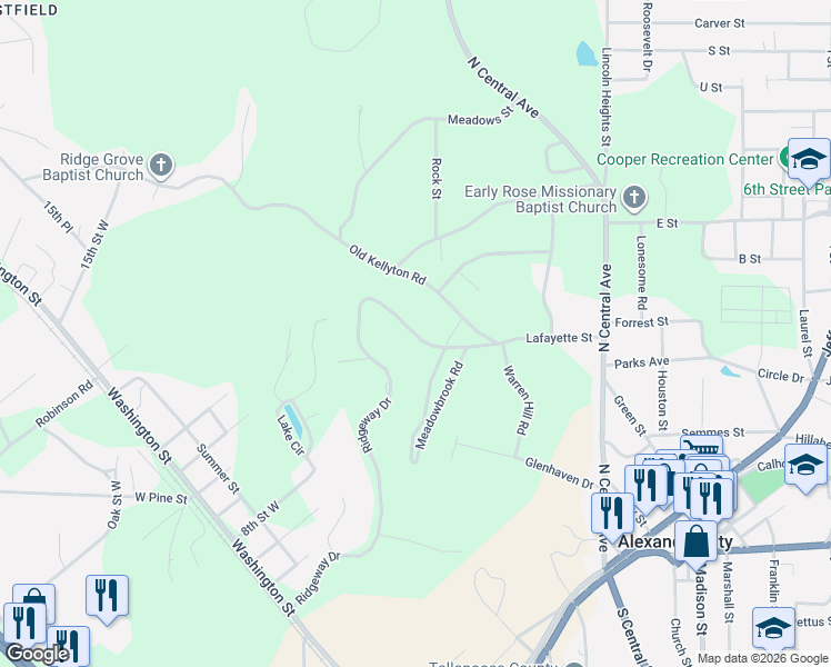 map of restaurants, bars, coffee shops, grocery stores, and more near 1150 Ridgeway Drive in Alexander City
