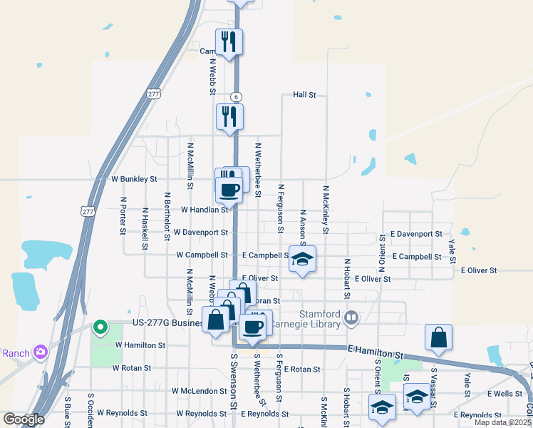 map of restaurants, bars, coffee shops, grocery stores, and more near 206 East Handlan Street in Stamford