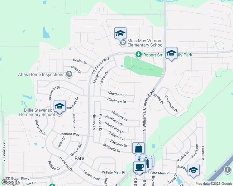 map of restaurants, bars, coffee shops, grocery stores, and more near 315 Hawthorn Drive in Rockwall
