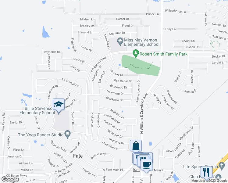 map of restaurants, bars, coffee shops, grocery stores, and more near 312 Hawthorn Drive in Rockwall
