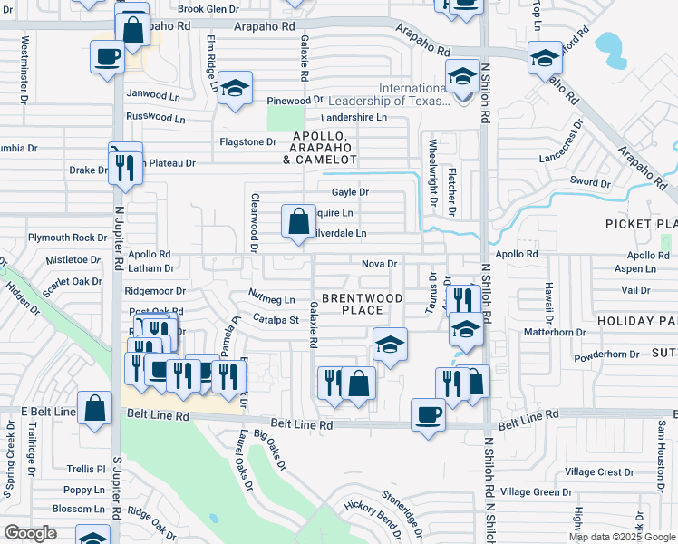 map of restaurants, bars, coffee shops, grocery stores, and more near 2919 Antares Circle in Garland