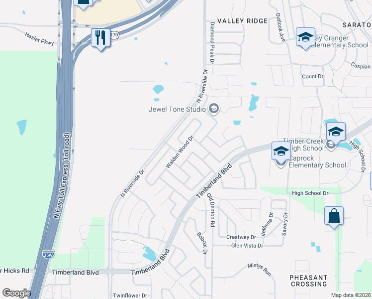 map of restaurants, bars, coffee shops, grocery stores, and more near 12160 Walden Wood Drive in Fort Worth