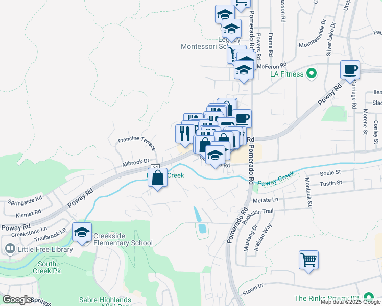 map of restaurants, bars, coffee shops, grocery stores, and more near 12100 Poway Road in Poway