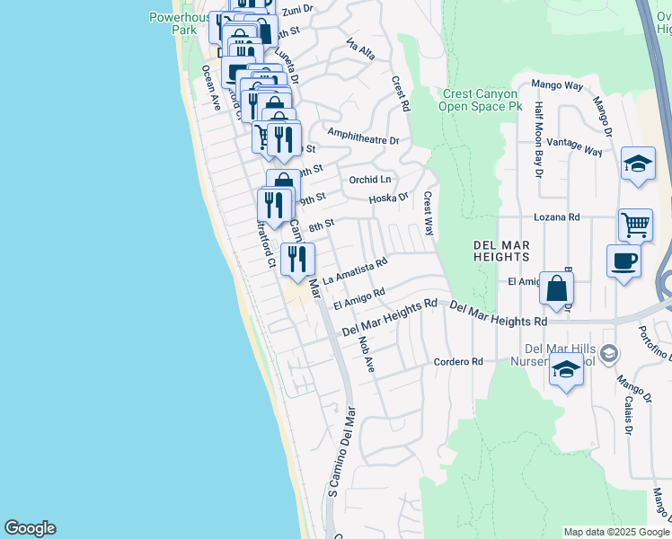 map of restaurants, bars, coffee shops, grocery stores, and more near 326 La Amatista Road in Del Mar