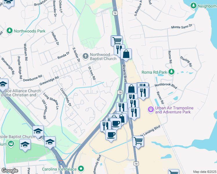 map of restaurants, bars, coffee shops, grocery stores, and more near 7930 Saint Ives Road in North Charleston