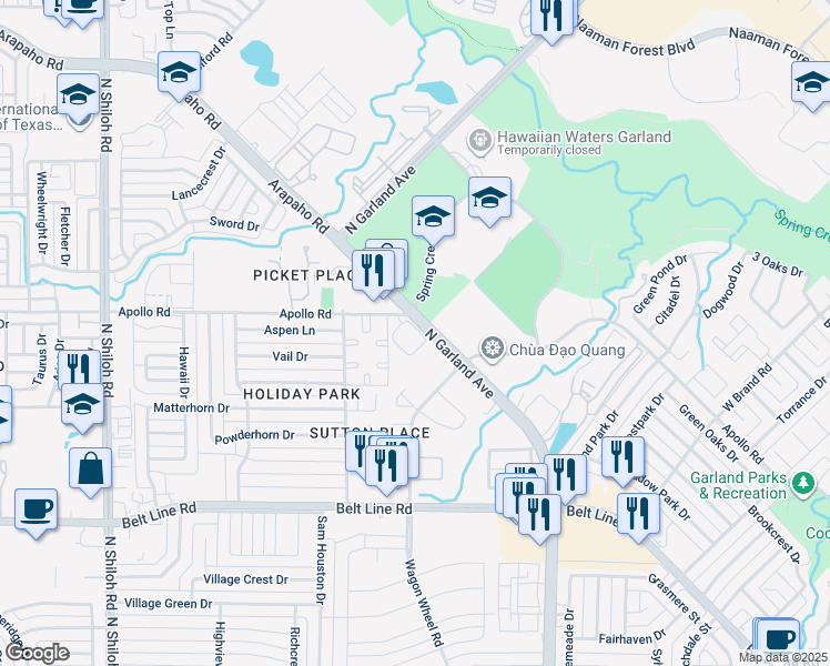 map of restaurants, bars, coffee shops, grocery stores, and more near Steamboat Springs Drive in Garland