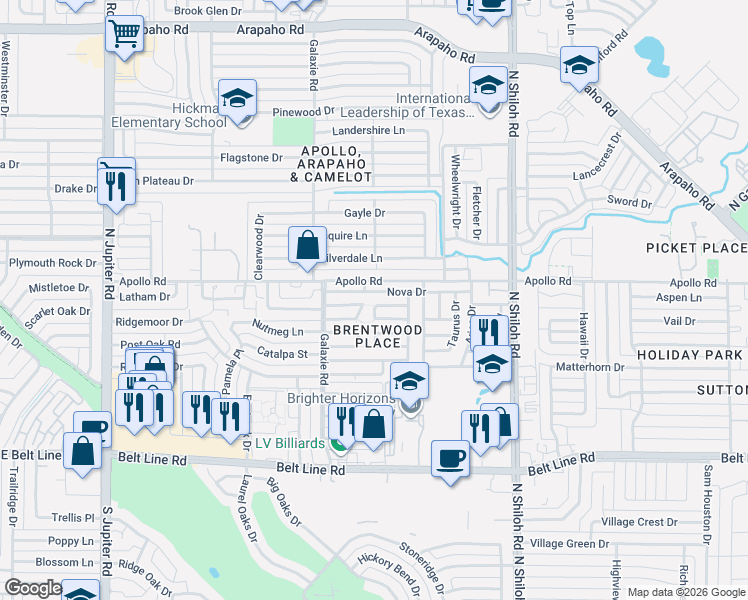 map of restaurants, bars, coffee shops, grocery stores, and more near 2924 Antares Circle in Garland