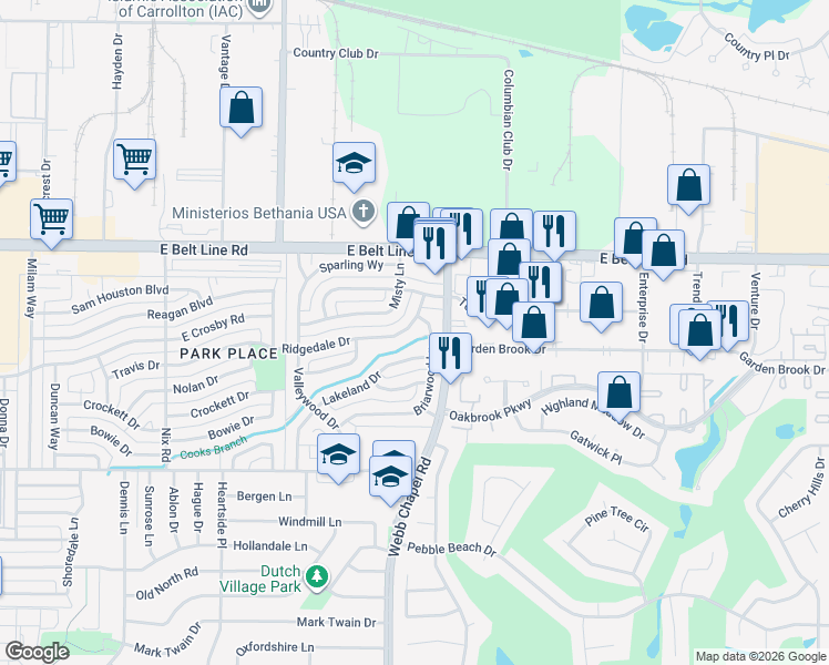 map of restaurants, bars, coffee shops, grocery stores, and more near 2421 Briarwood Lane in Carrollton