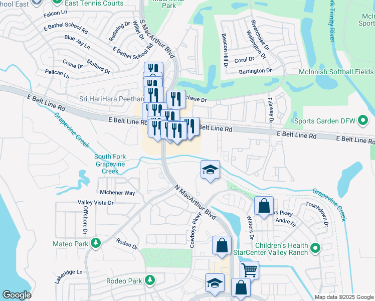 map of restaurants, bars, coffee shops, grocery stores, and more near 820 South Macarthur Boulevard in Irving