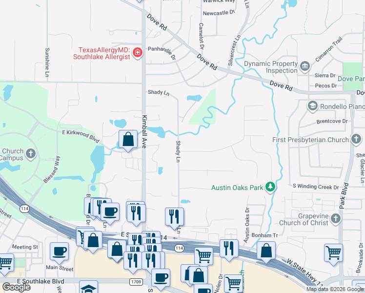 map of restaurants, bars, coffee shops, grocery stores, and more near 813 Shady Lane in Southlake