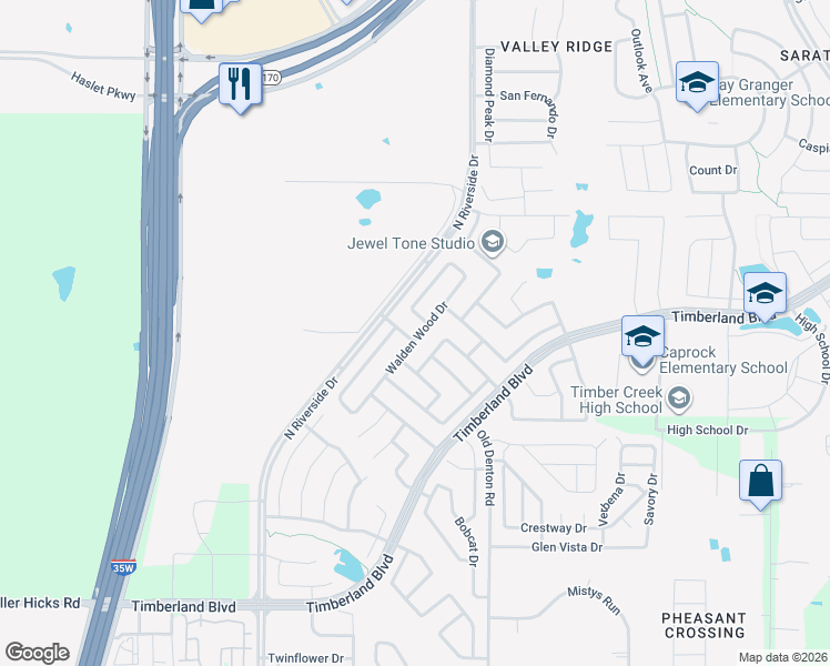 map of restaurants, bars, coffee shops, grocery stores, and more near 12160 Walden Wood Drive in Fort Worth