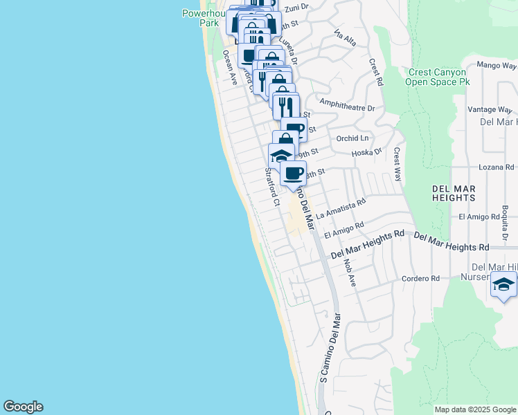map of restaurants, bars, coffee shops, grocery stores, and more near 111 Little Orphan Alley in Del Mar