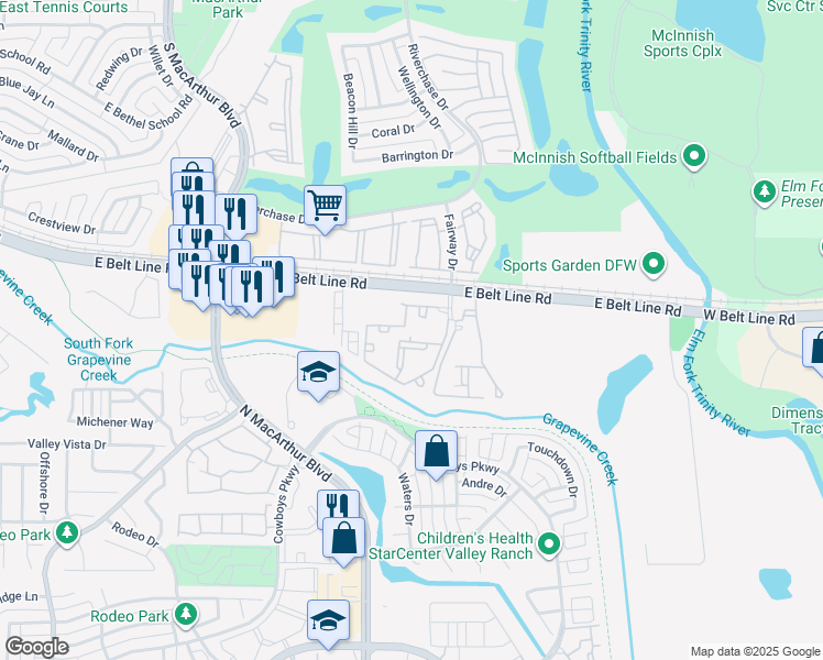 map of restaurants, bars, coffee shops, grocery stores, and more near 1717 East Belt Line Road in Coppell