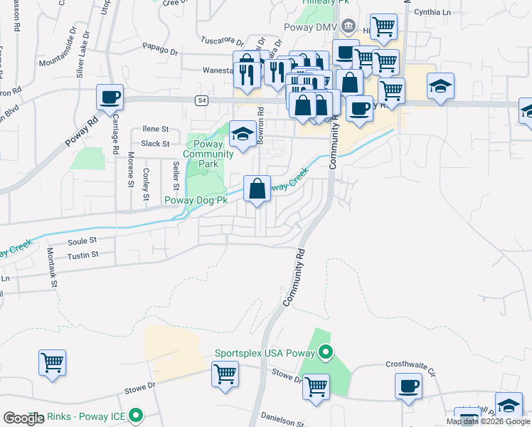 map of restaurants, bars, coffee shops, grocery stores, and more near 12817 Estrella Vista in Poway