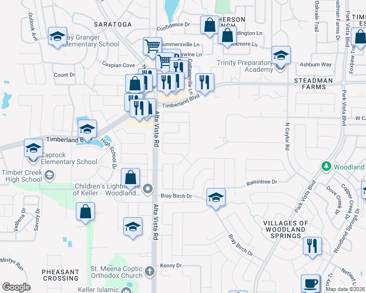 map of restaurants, bars, coffee shops, grocery stores, and more near 12120 Macaroon Lane in Fort Worth