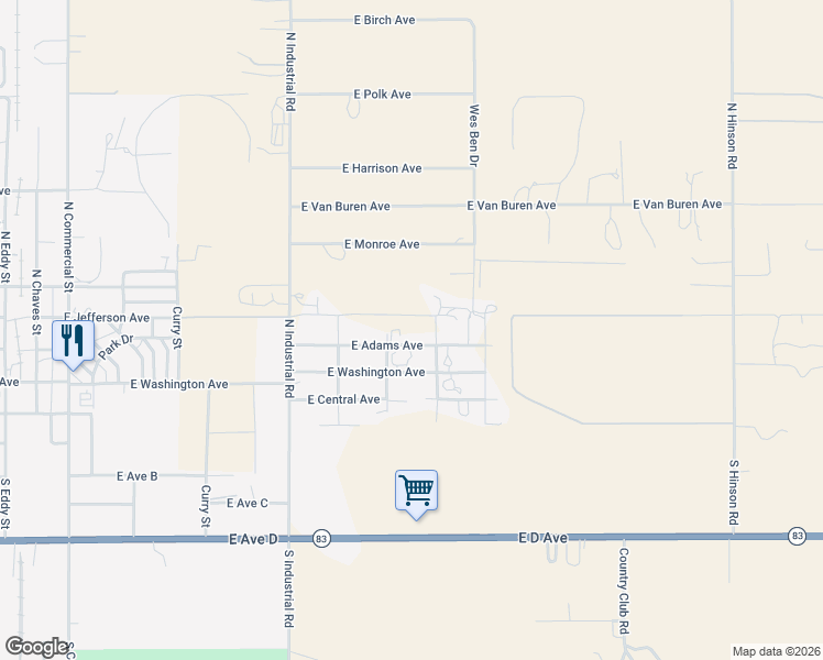 map of restaurants, bars, coffee shops, grocery stores, and more near 1906 East Adams Avenue in Lovington