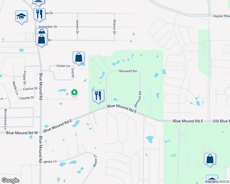 map of restaurants, bars, coffee shops, grocery stores, and more near 1120 Maxwell Road in Haslet