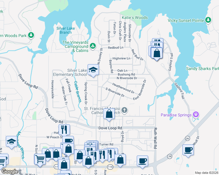 map of restaurants, bars, coffee shops, grocery stores, and more near 1012 South Riverside Drive in Grapevine