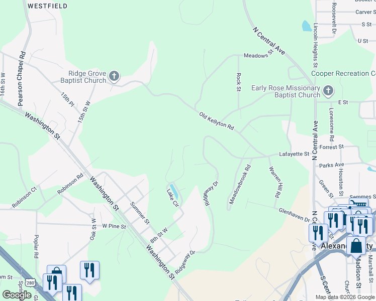 map of restaurants, bars, coffee shops, grocery stores, and more near 592 Ridgeview Drive in Alexander City