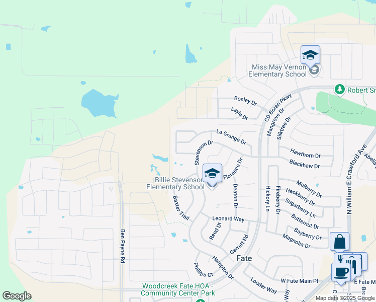 map of restaurants, bars, coffee shops, grocery stores, and more near 571 Kara Drive in Rockwall