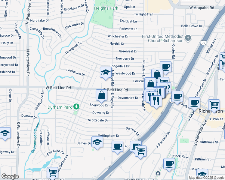 map of restaurants, bars, coffee shops, grocery stores, and more near 100 South Floyd Road in Richardson