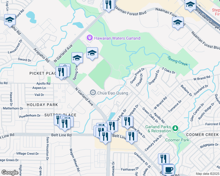 map of restaurants, bars, coffee shops, grocery stores, and more near 1397 Apollo Road in Garland