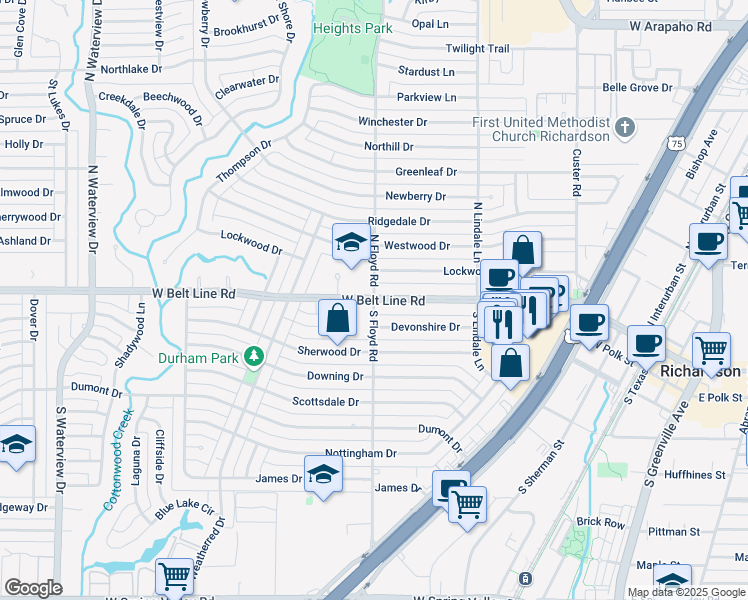 map of restaurants, bars, coffee shops, grocery stores, and more near W Belt Line Rd & N Floyd Rd in Richardson