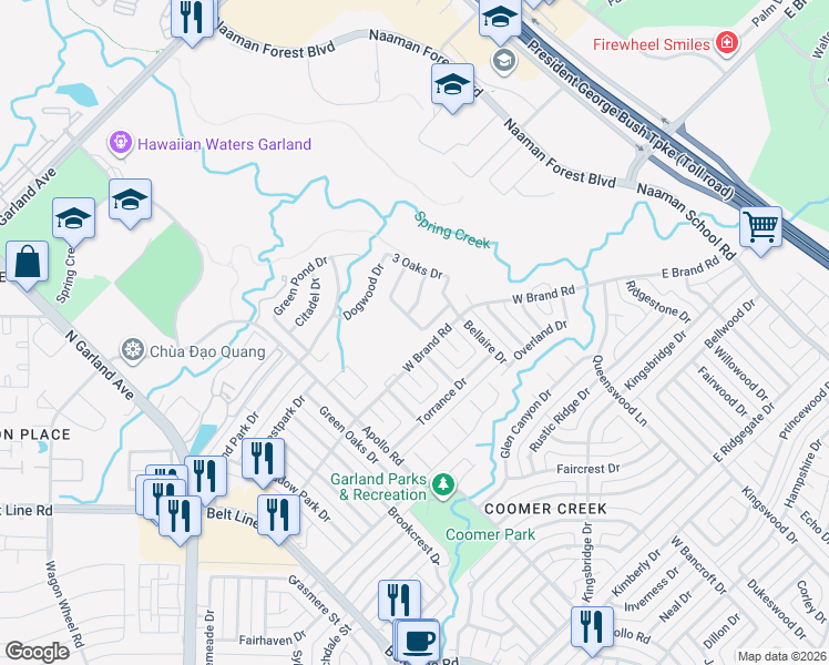 map of restaurants, bars, coffee shops, grocery stores, and more near 822 Ambrose Court in Garland
