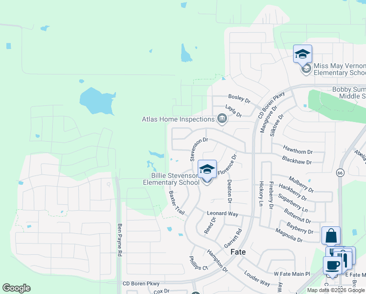 map of restaurants, bars, coffee shops, grocery stores, and more near 576 Kara Drive in Rockwall