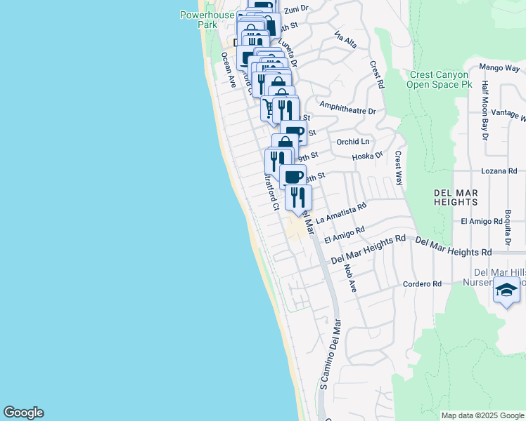 map of restaurants, bars, coffee shops, grocery stores, and more near 126 7th Street in Del Mar