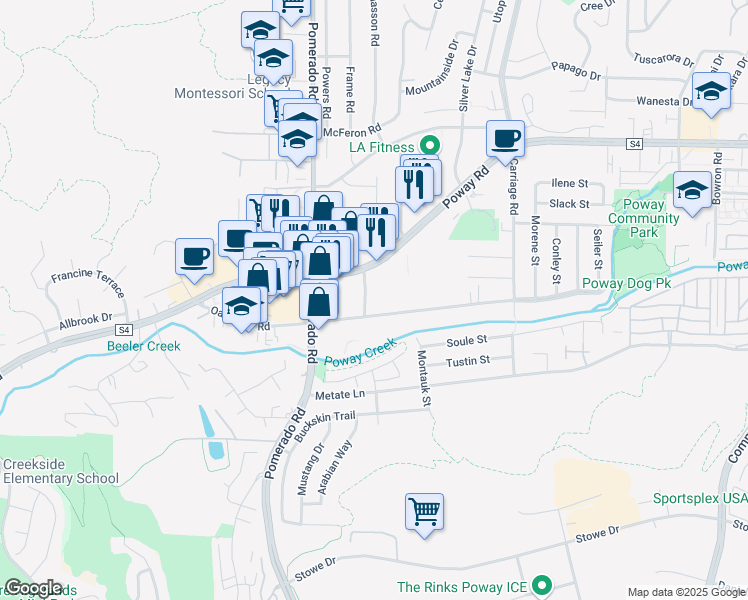 map of restaurants, bars, coffee shops, grocery stores, and more near 12510 Oak Knoll Road in Poway