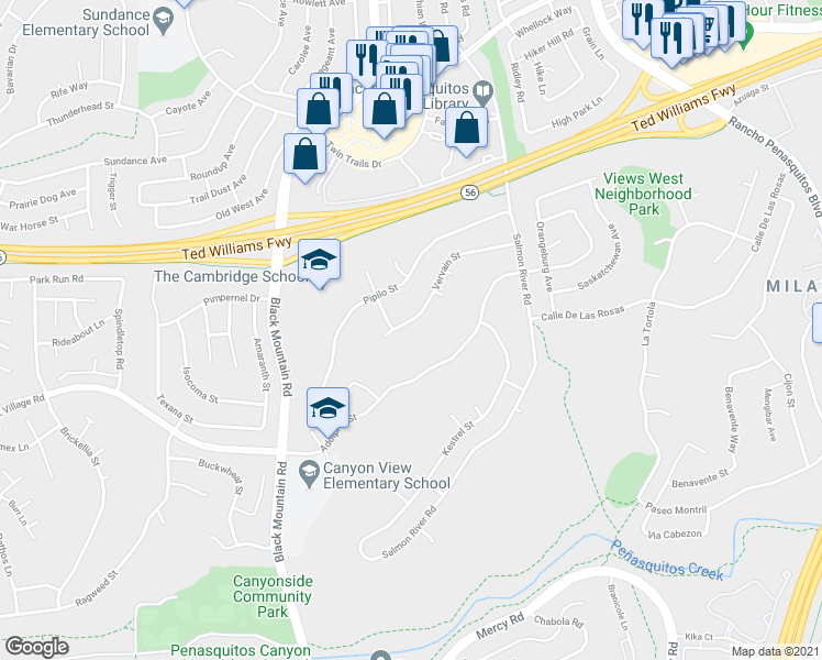 map of restaurants, bars, coffee shops, grocery stores, and more near 9347 Vervain Street in San Diego