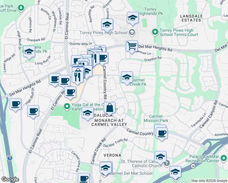map of restaurants, bars, coffee shops, grocery stores, and more near 4128 Via Candidiz in San Diego